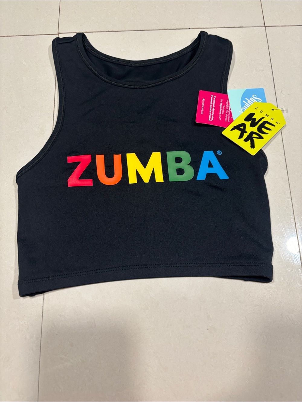 Zumba Fitness Black Crop Tank with Rainbow Lettering